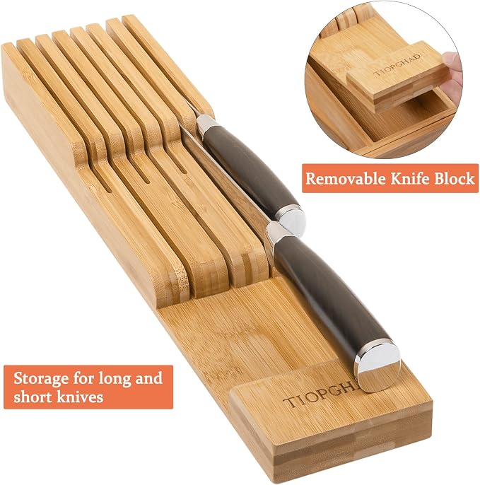 Expandable Bamboo Silverware Drawer Organizer Tray, Natural | Removable Knife Block, Holds 7 Knives, Adjustable Dividers, 12.6-21.45 x 16.3 x 2.13 in, Drawer Insert for Utensils, Forks