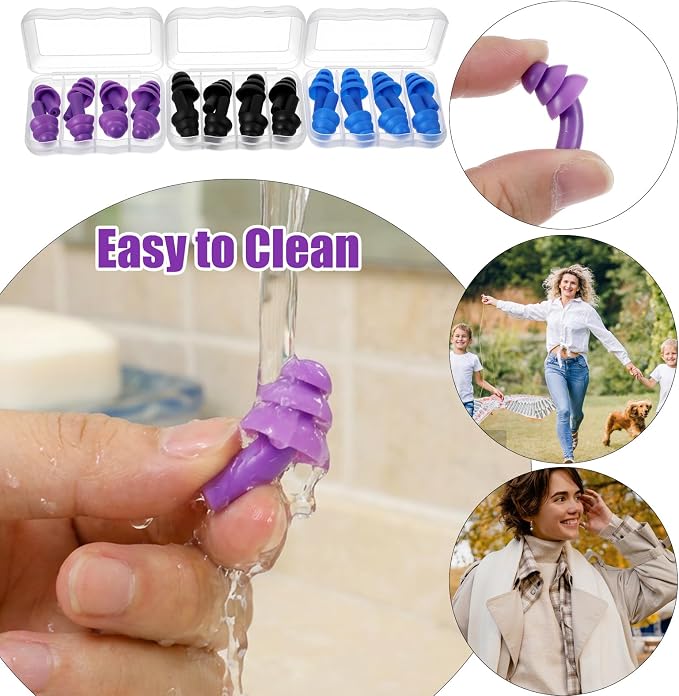 Nogeqi 12 Pairs Reusable Ear Plugs for Sleeping Silicone Earplugs Soft for Swimming Noise Cancelling for Snoring, Concert, Work, Study, Noisy Places (Black Blue Purple)
