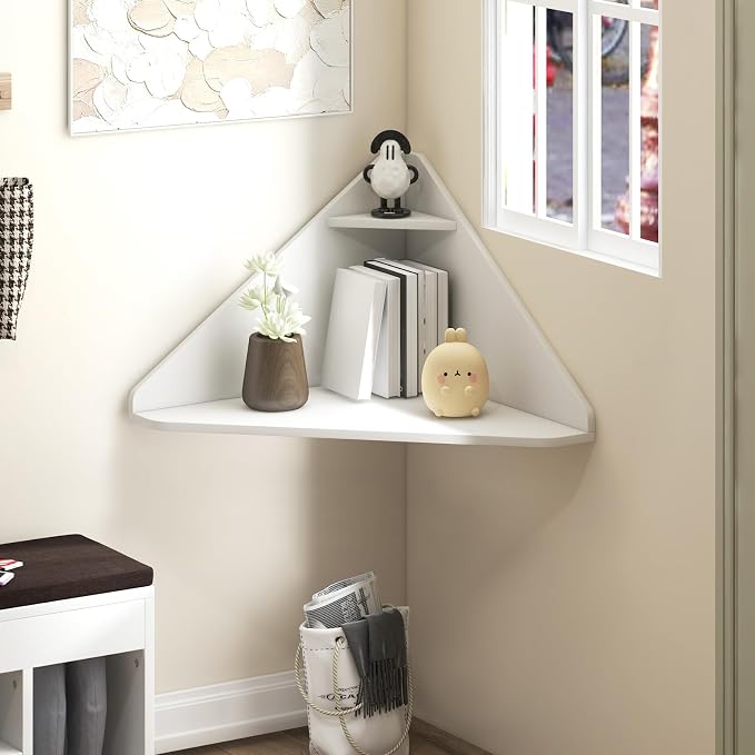Giantex Corner Floating Desk, Wall Mounted Computer Desk with Storage Shelf, Space-Saving Writing Desk, Triangle Laptop Desk for Living Room, Study, Bedroom, Home Office & Small Spaces (White)