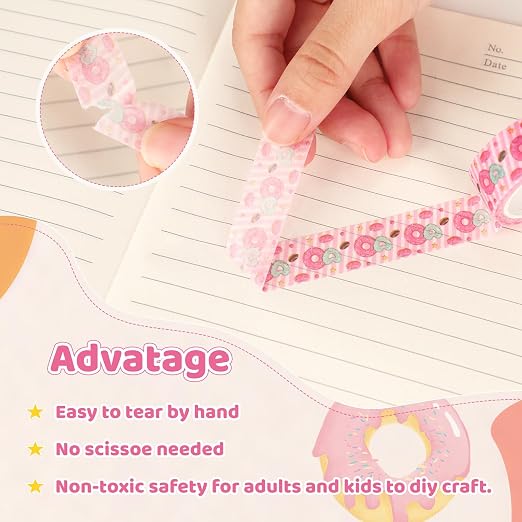 12 Rolls Donut Washi Tape Set, Candy Donuts Stars Decorative Masking Tapes, Cartoon Craft Pattern Adhesive Tapes for DIY Art Crafts Scrapbook Journal Planners Supplies Gift Wrapping 16.4Ft