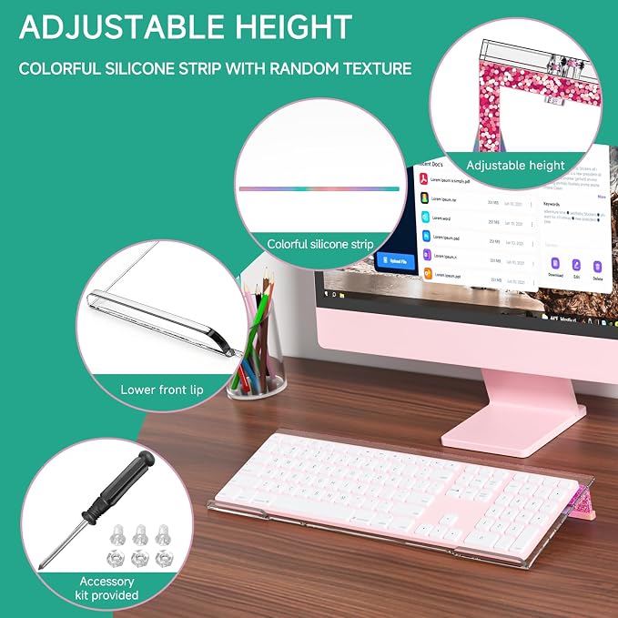 Ergonomic Computer Keyboard Stand - Adjustable Keyboard Riser Tilt Clear and Glitter Pink Acrylic Keyboard Tray Non-Slip Elevated Typing Key Board Holder Lift for Home Office Desk Accessories