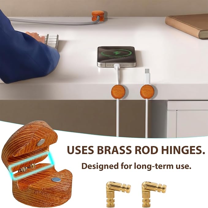 8 Pack Magnetic Cable Clips, Wooden Desk Cable Organizer and Cord Holder, Dual Mount N35 Magnet or 3M Adhesive, Cable Management for Phone Charger, USB-C and Laptop Cords