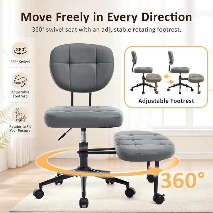 Criss Cross Chair Armless Office Chair for Cross Legged Sitting, 300lb Heavy Duty Ergonomic Desk Chair for ADHD, Adjustable Meditation Yoga Kneeling Chair with Brake Wheels for Home Office (Grey)