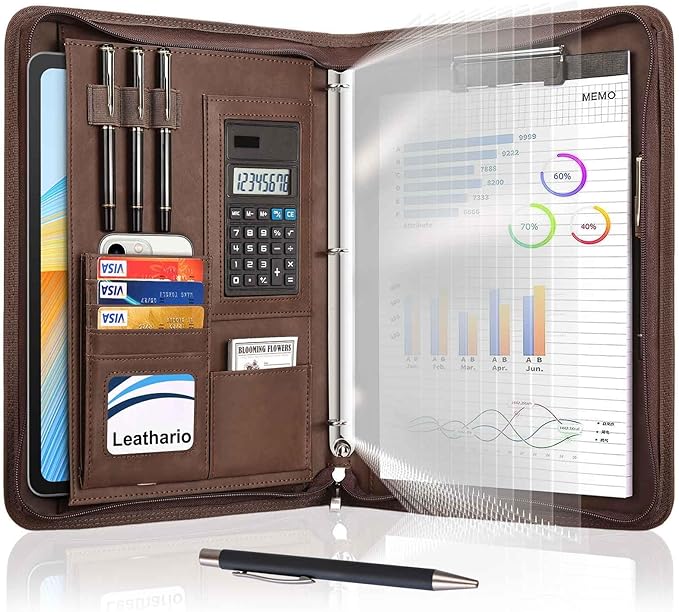 Leathario Portfolio Binder, 3-Ring Folder Organizer, Includes 10 Sheet Protectors and a Pen, Vegan Leather A4 Padfolio for Tablets, Business Conferences Professional Document Organizer