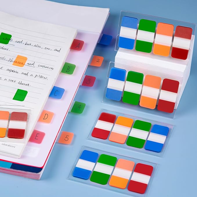 Golcellia 400 Pieces Sticky Index Tabs Transparent Sticky Notes, Colored Page Markers for Bookmarks, Writable and Repositionable Index Annotation Tabs（4 Colors）