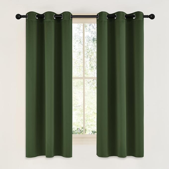 NICETOWN Dark Green Blackout Cafe Satin Curtains for Small Windows, 42" Wide by 63" Long, 2 Panels, Grommet Noise Reducing Faux Silk Blackout Drapes for Dining Room