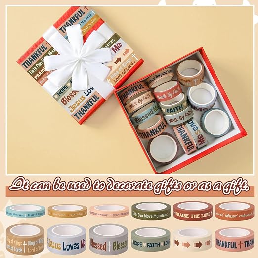 Christian Washi Tape Set 24 Rolls 12 Styles with 4 Widths (0.75cm/1cm/2cm/3cm) x 3cm Length Religious Scripture Decorative Tape for Scrapbooking Journaling Gift Wrapping Arts DIY Crafts