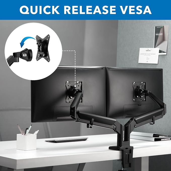 Mount-It Dual Monitor Arm Desk Mount, Low Profile Gas Spring, 17-32 in. | Fits Walls, Space Saving Steel, 19.8 lbs Each, Full Motion Height Adjustable, VESA 75x75/100x100, C-Clamp/Grommet, Black