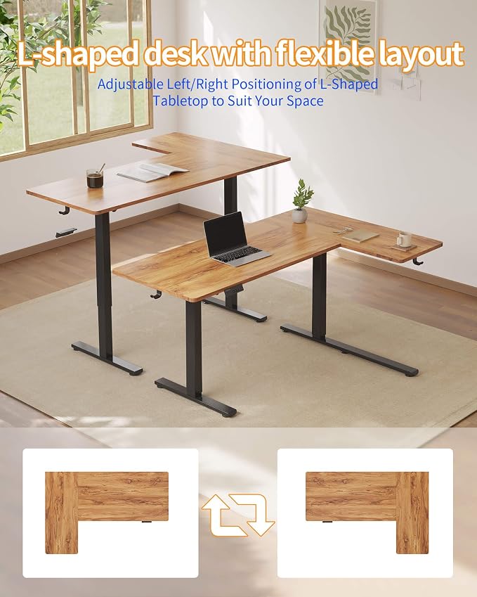 YIHAYO Reversiable L-Shaped Electric Standing Desk, 55 Inches Stand Up Corner Desk, Sit and Stand Up for Work Office Home, Ergonomic Rising Computer Table with Splice Board, Rustic Brown