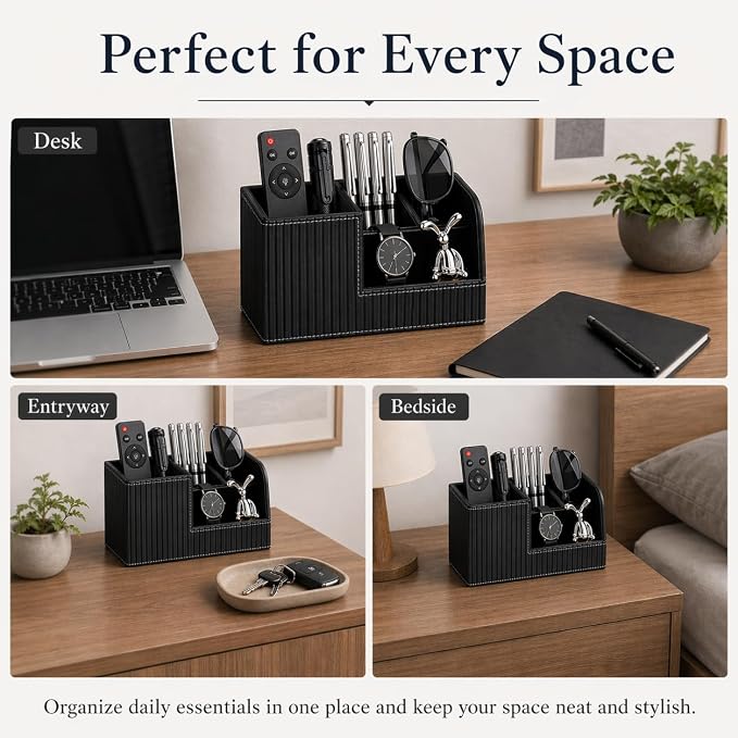 KINGFOM Desk Pen Organizer Office Supplies Caddy Pu Leather Multi-function Storage Box Pen/Pencil,Cell phone, Business Name Cards Remote Control Holder (Black)