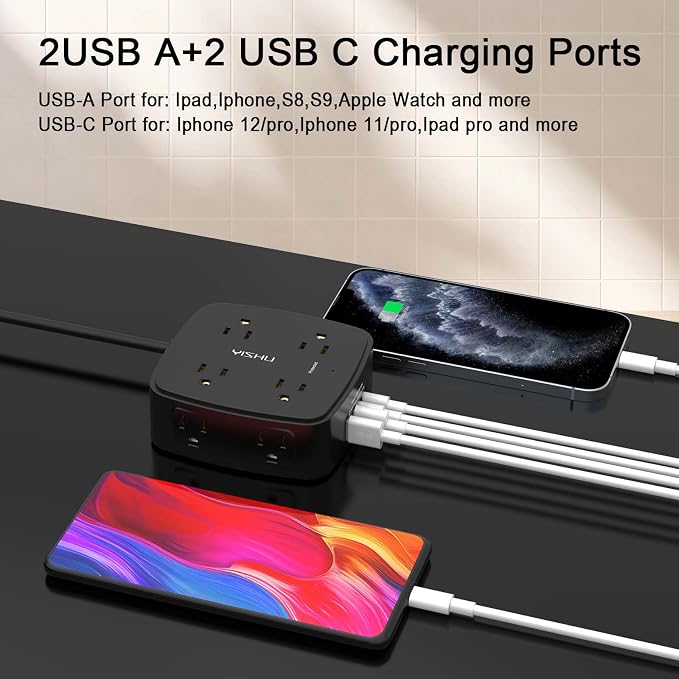 5Ft Surge Protector Power Strip - 8 Widely Outlets with 4 USB Ports, 3 Side Outlet Extender with 5 Feet Extension Cord, Flat Plug, Wall Mount, Desk USB Charging Station, ETL,Black