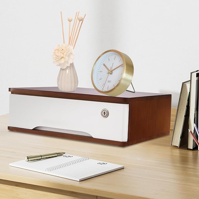 Desktop Storage Box with Lockable Drawer, Office Supplies Drawer Organizer, Wooden Desk Organizer, Small Bamboo Storage Box for Desk, Modern Desktop Drawer Organizer (Walnut+White)