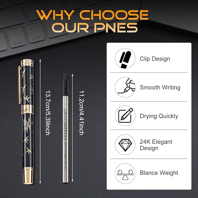 Black Rollerball Pens-Luxury Pens for Women Men, 24K Gold Trim Elegant Pen, Executive Gift Pen Set for Office Graduation Business Nice Roller Ball Pens