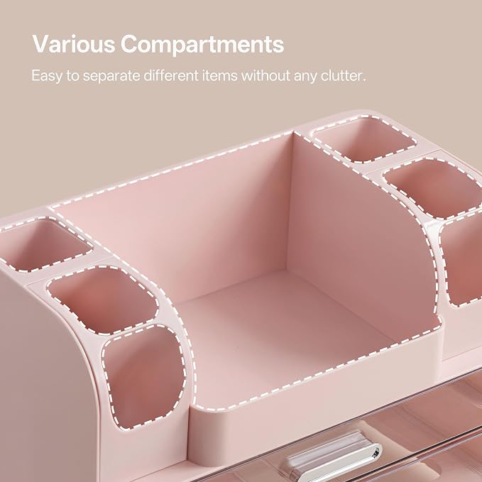 HBlife Desk Organizer with Pencil Pen Organizer for Desk, Pen Holder with 2 Drawers, Desk Organizers and Accessories with Compartments, Desktop Storage for Office Home School Art Supplies, Pink