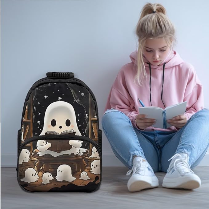 Ystardream Cute Ghost Backpack with Lunch Box Elementary School Bags for Girls 7-10 Primary Middle School Book Bag with Pencil Case Water Bottle Sleeve for Kids Child Daypack Rucksack,Lightweight