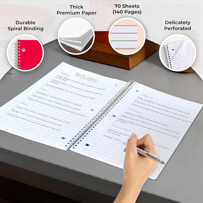 Rosmonde 1 Subject Notebook Wide Ruled, 6 Pack, 70 Sheets (140 Pages), 8 x 10-1/2, 3 Hole Punched Notebooks, Thick No-Bleed Paper, Sturdy Back, Wide Ruled Notebook for School & Office, Assorted Colors