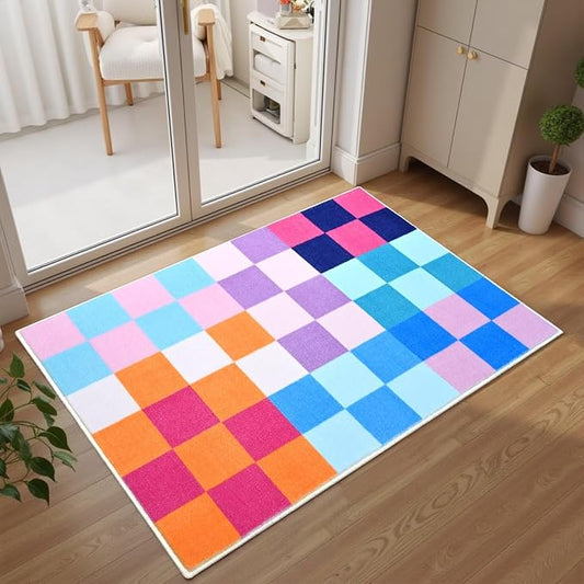 Terrug Multicolored Checkered Rug for Entryway,2x3 Small Area Rugs Washable with Non Slip for Kitchen,Soft Low Pile Retro Carpet for Bedroom Front Door Porch