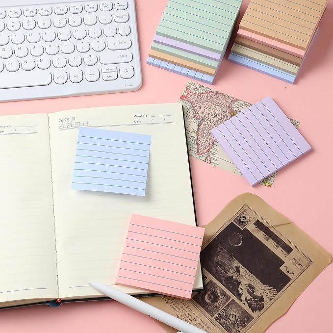 AmazingSpark 12 Pack Lined Sticky Notes 3x3 inch Post Ruled Stickies Super Self Stick Power Memo Pads Multi Colors Notes Pads Vintage Aesthetic School Office Supplies Accessories(Morandi)