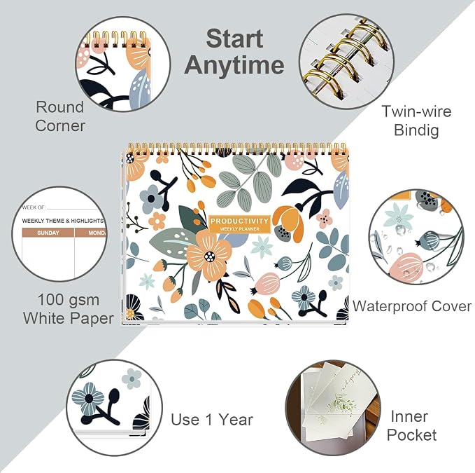 Weekly Productivity Planner - 8.5" x 11" Dashboard Desk Notepad Has 6 Focus Areas to List Tasks for Goals, Projects, Clients, Academic or Meal-Organize Your Daily Work Efficiently, 54 Weeks, Rose Flower