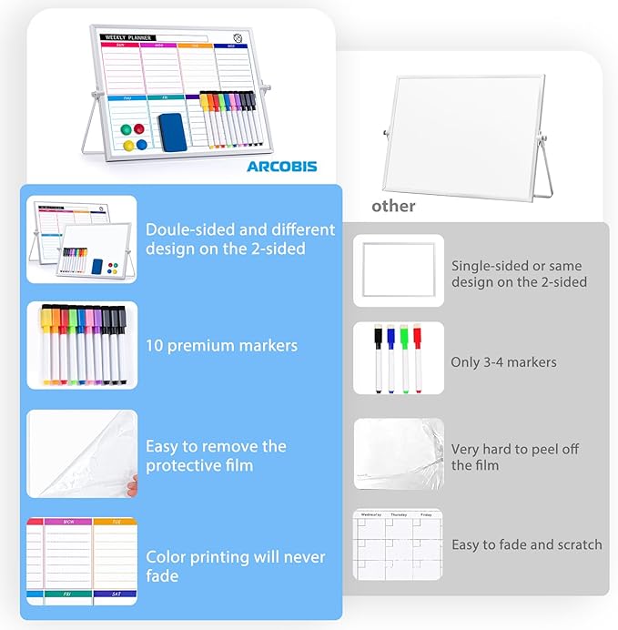 ARCOBIS Dry Erase White Board with Stand, 12" x 16" Weekly Double-Sided Desktop Whiteboard 10 Markers, 4 Magnets, 1 Eraser, Portable Magnetic Dry Erase Calendar for Planning, to Do List, Memo, School