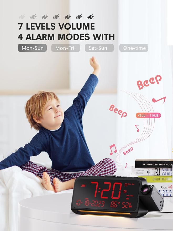 Mesqool Projection Alarm Clock Ceiling Display, with Temperature, Humidity | Dual Alarms, 5-Level Dimmer, Date, Night Light, Weekday/Weekend Mode, 12/24H, DST, , Snooze, 180° Rotatable, for Bedroom