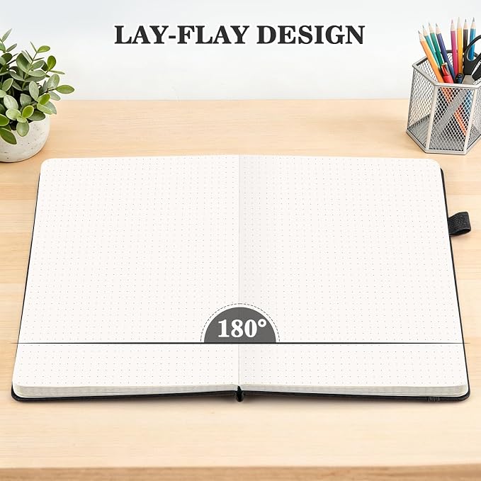 Bullet Dotted Journal Notebook 4 Pack: 160 Pages Per Pack, A5 Medium Size( 5.75" × 8.38"), 120 GSM Thick Paper, Leather Dotted Notebook, Hardcover Dot Grid Notebook, Dot Journal for Wrting (Black)