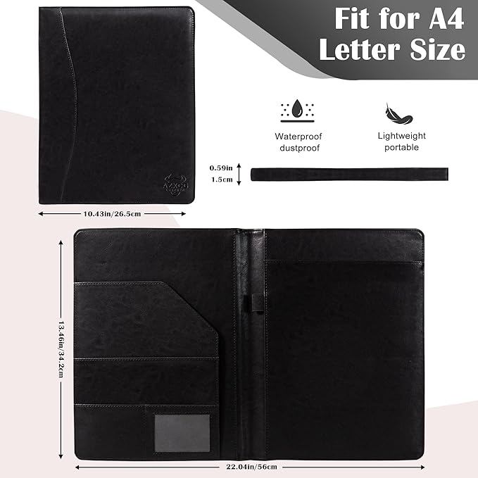 AZXCG Leather Padfolio Portfolio Binder,Interview Resume Folder with Business Card Holder,Portfolio Folder with Document Organizer,A4 Legal Pad Holder for Men &Women