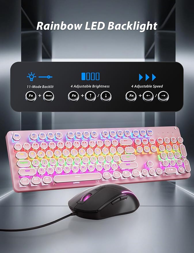 Typewriter Mechanical Gaming Keyboard and Mouse, Metal Panel Retro Keyboards with Round Keycap Blue Switch, Rainbow LED Backlit 104-Key Anti-Ghost Wired Mouse and Pad Combo for PC Laptop Mac Gamer
