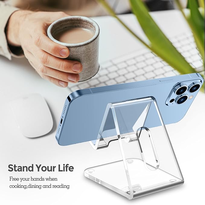 CreaDream Acrylic Cell Phone Stand, 5mm Thicker Clear Cell Phone Holder, Transparent Phone Stand for Desk, Desktop, Desk Accessories, Suitable for iPhone 14 13 Pro Max, All Smartphone 4-8inch