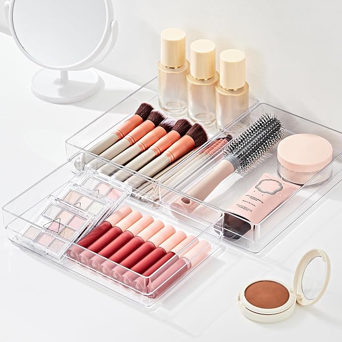 SMARTAKE 6 PCS Clear Plastic Kitchen Large Size Drawer Organizers Set | Non-Slip Desk Drawer Organizer, Bathroom Vanity Drawer Organizer Trays for Makeup, Bedroom, Office, Kitchen Utensils