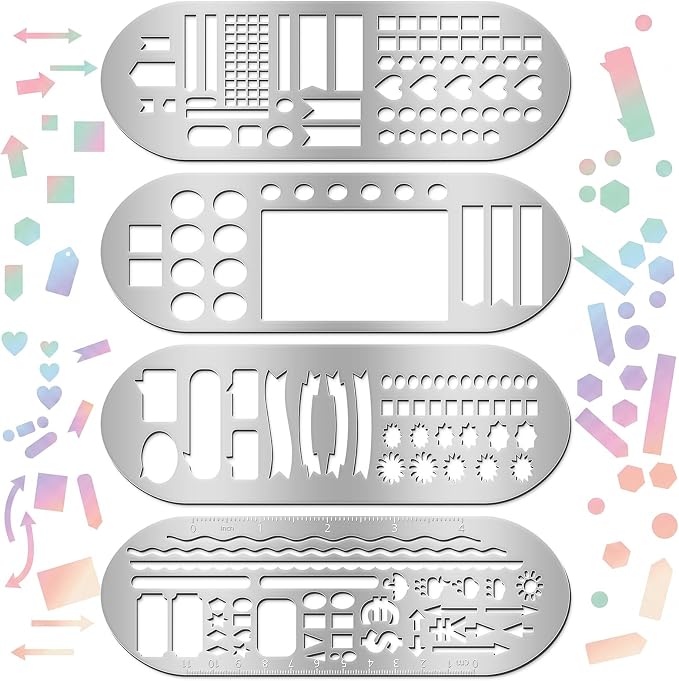 Chinco 4 Pieces Stencils Metal Journal Template 7.9 x 2.4 Inches Bookmark Ruler School Supplies Stainless Steel Stencils Set for DIY, Engraving, Painting, Scrapbooking(Classic Style)