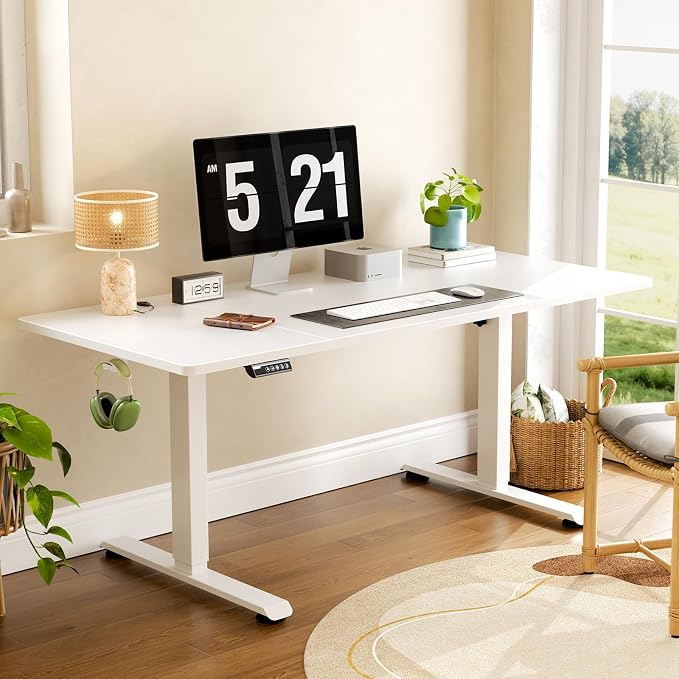 Veken 63" x 28" Super Large Standing Desk, Height Adjustable Electric Computer Desk, Sit to Stand Up, Modern Workstation for Home Office, Walking Pad, Writing, Gaming Bedroom Study, White