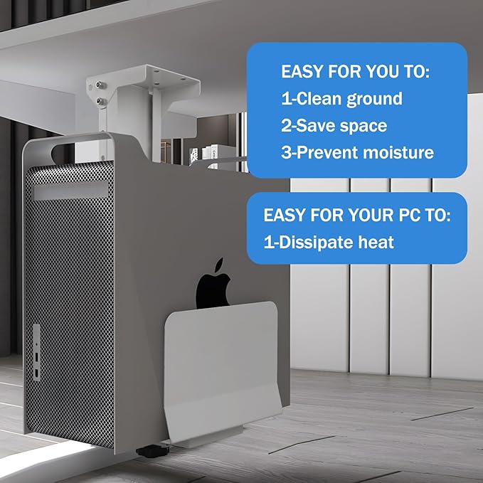 TooCust Heavy Duty Under Desk PC Mount & Full Tower PC Wall Mount - Adjustable Width 5.5" to 9.8", Height 11"-21" - Computer Tower Stand Under Desk & Standing Desk PC Mount, White