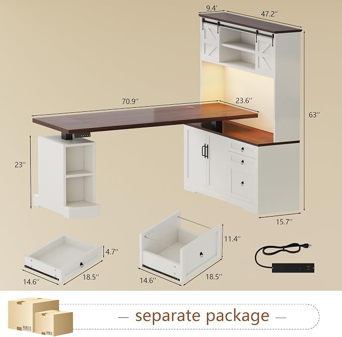 71" LED L Shaped Standing Desk with Hutch and Drawers, Farmhouse | Height Adjustable Corner Desk, Sit Stand Office Deskwith 4 AC Outlets & Type C, Executive Computer Desk with Cabinet, White