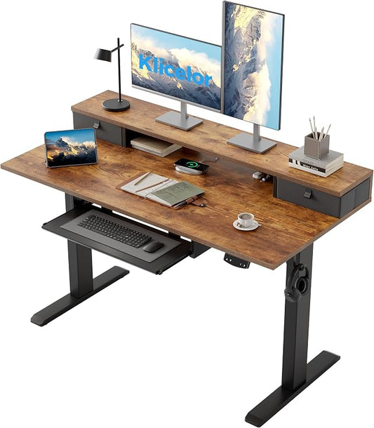 Klicelor 48 x 24 Inch Electric Standing Desk with Drawers and Keyboardtray, Adjustable Height Small Sit Stand Desk for Home Office, Compact Computer Workstation with Storage- Rustic Brown