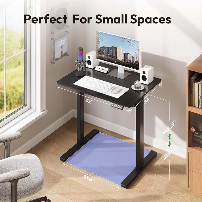 32 x 24 Inch Height Adjustable Standing Desk, 3 Presets, Black | 32 x 24 in Desktop, 28.3–46.5 in Height, 2+3 Controls, ≤45 dB, 154 lb Capacity, 2 Hooks