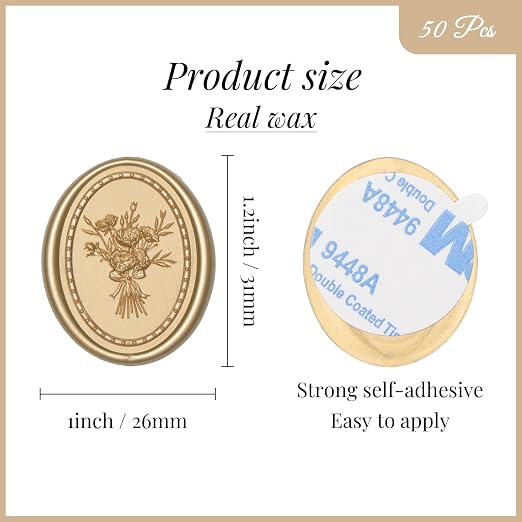 UNIQOOO Wax Seal Stickers - Vintage Photo Frame Floral Bouquet Wedding Invitation Envelope Seal Stickers, 50 Pcs Self-Adhesive Light Gold Stickers, Perfect for Invitation, Christmas, Gift Wrapping