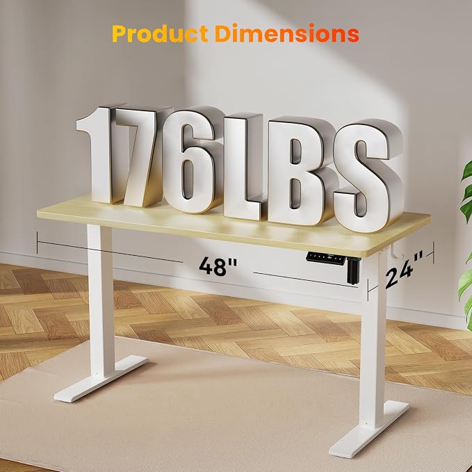 WALKINGDESK 48x24 Inches Height Adjustable Electric Standing Desk with 2 Hooks for Home Office, Ergonomic Sit Stand up Desk with Splice Board, Oak