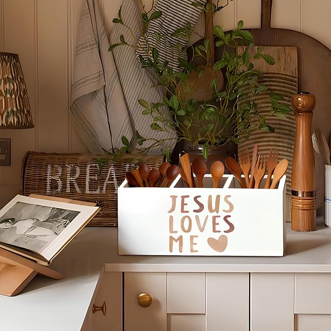 Boho Christian Inspirational Pen Holder, Christian Gifts Pencil Holder for Desk, Jesus Loves Me Bible Verse Wooden Box Sign Decorations for Kids Nursery Room Bedroom Classroom Desk Tabletop