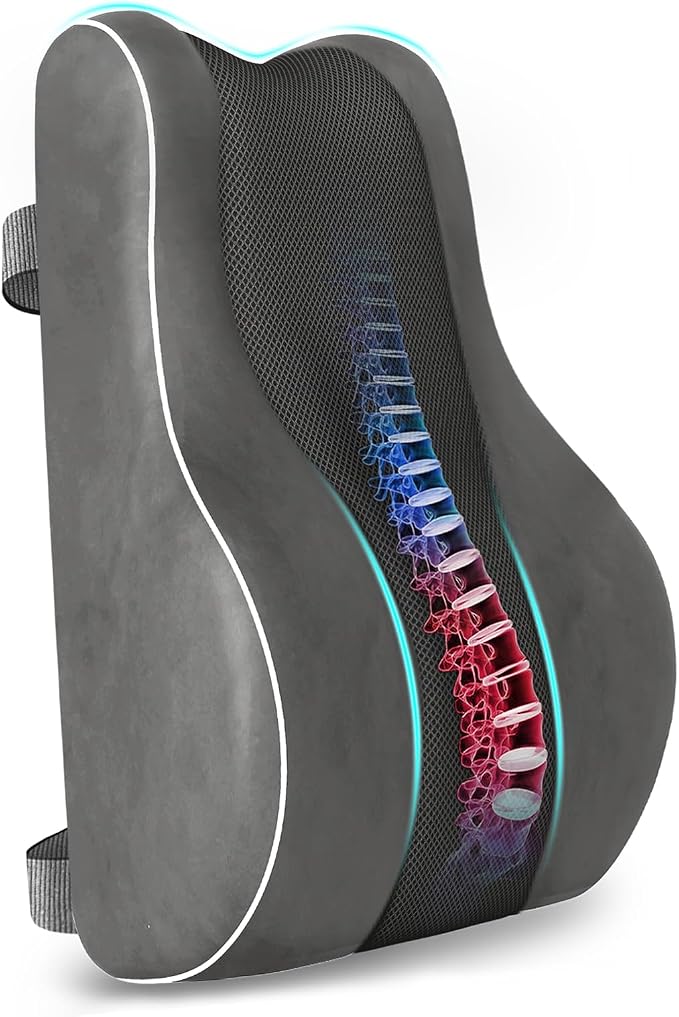 CloudBliss Lumbar Support Pillow, Memory Foam for Office, Standard, Gray | Ergonomic High-Density Memory Foam, Adjustable Straps, Washable Mesh Cover, Lower Back Support for Office, Gaming & Car Seat