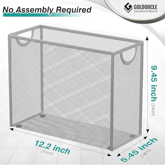 Hanging File Organizer, Letter-Size File Holder Filing Box with 5 Hanging Folders, Metal Mesh Desk File Folder Storage(No Assembly Required) (Silver, with 5 Grey Folders)