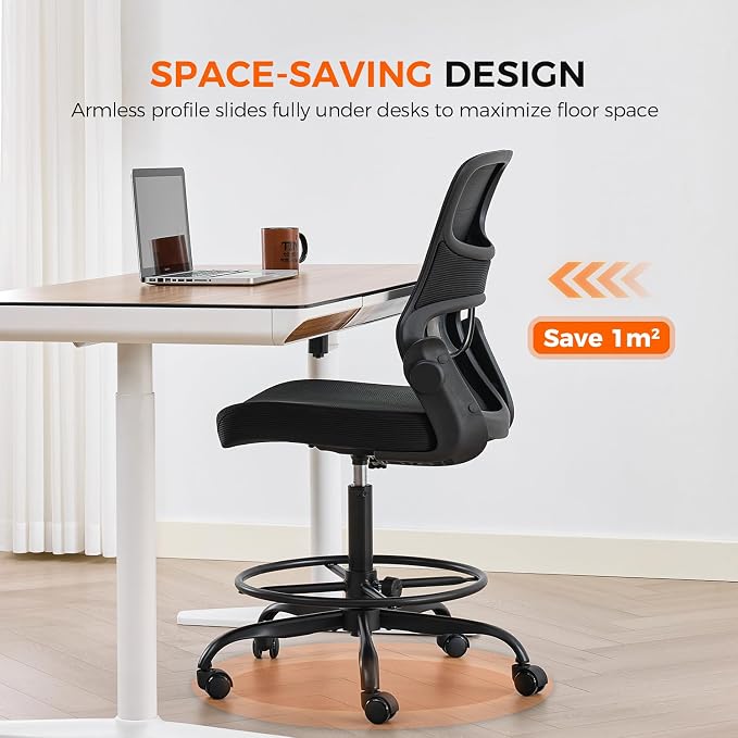 Armless Drafting Chair, Tall Office Chair for Standing Desks | A foot ring steadies legs through crafting and studio projects; breathable lumbar mesh and silent casters fit compact spaces.