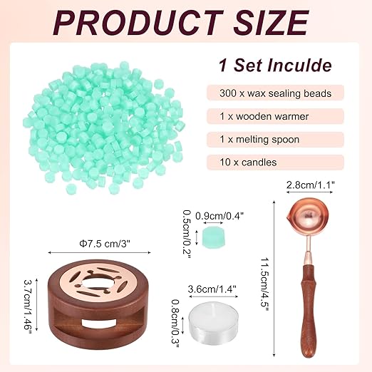 PATIKIL Wax Seal Kit, 300 Pcs Wax Sealing Beads, Wooden Warmer, Melted Spoon, 10 Pcs Tealight Candles for Envelope Letter Mailing Crafts DIY, Clear Green