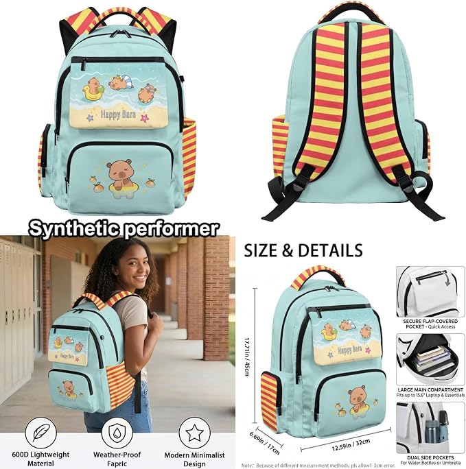 WELLFLYHOM Capybara 17 Inch School Backpack Set for Girls 8-12 Beach 4 in 1 Book Bag with Lunch Box Pencil Pen Case Water Bottle Sleeve for Junior High School Students