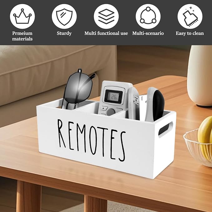 Remote Control Holder, Wooden TV Remote Holder for Table, 3-Compartments Bedside TV Controller Caddy, Wood Remote Organizer Box, Multi-functional Media Organizer Tray for Home Bedroom Nightstand