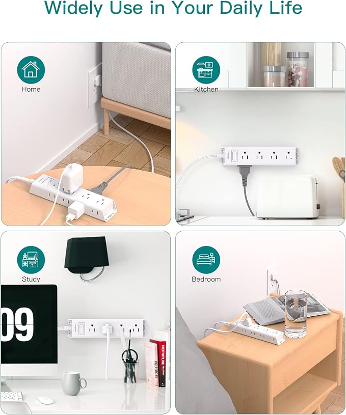 Addtam 2 Pack Power Strip Surge Protector with 12 Outlets, Flat Plug Extension Cord 5FT, Ultra Thin Wall Plug, 3-Side Wide Spaced Outlet Extender, Wall Mount Desk Charging Station for Home Office Dorm