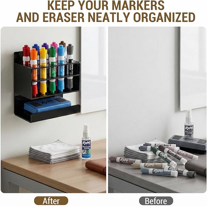 MyGift Dry Erase Marker Holder 10 Slots Whiteboard Marker Holder for Wall Dry Erase Eraser Holder Wall Mount Black