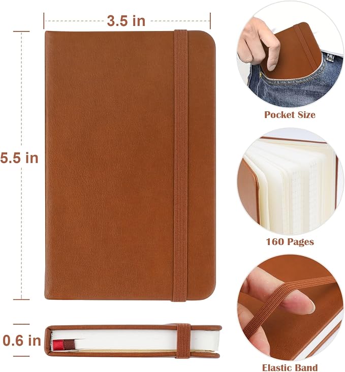 Pocket Dotted Notebook, 2-Pack Dot Grid Notebook, Dotted Journal with Stickers, 3.5" x 5.5" Hardcover, Small Mini A6 size, 160 Pages, 100 gsm Thick Paper, Cognac Brown, Navy Blue