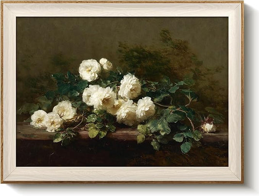 VIYYIEA Vintage Framed Wall Art for Living Room, White Rose Canvas Prints, Oil Painting Home Decor, Flowers Picture, Bathroom Wall Decor Gifts for Friends or Family - 16L x 12W