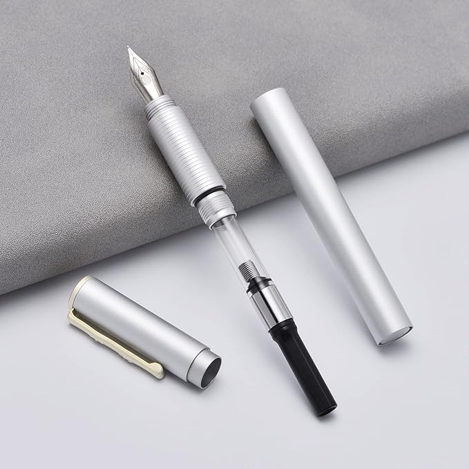 Hongdian H3 Fountain Pen Silver Bent Nib with Bamboo Pen Clip, Black Aluminum Alloy Writing Pen